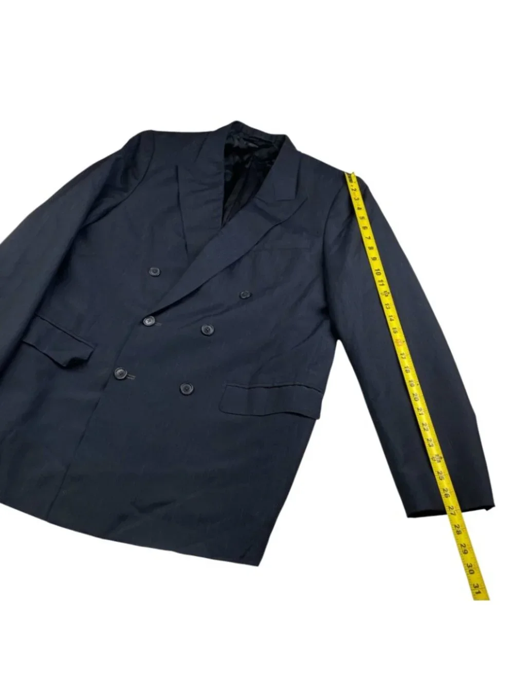 VTG Bespoke Men's 100% Wool Double Breasted Blazer Navy w/Red Blue Stripes • 44L